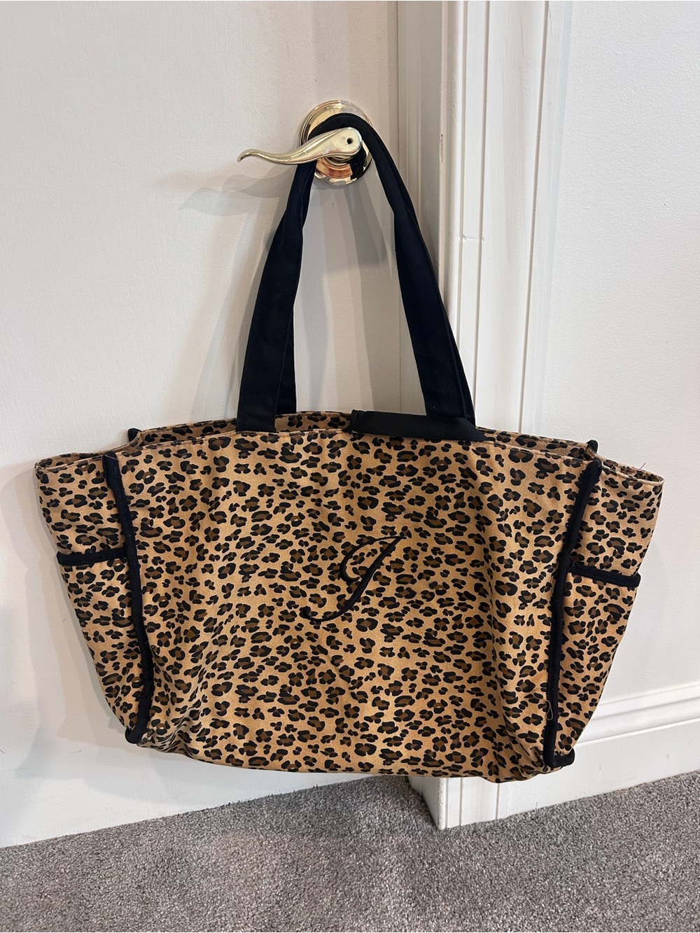 Vtg Braciano Y2K Shoulder Bag Carry On Tote Handbag Leopard Design J Monogram